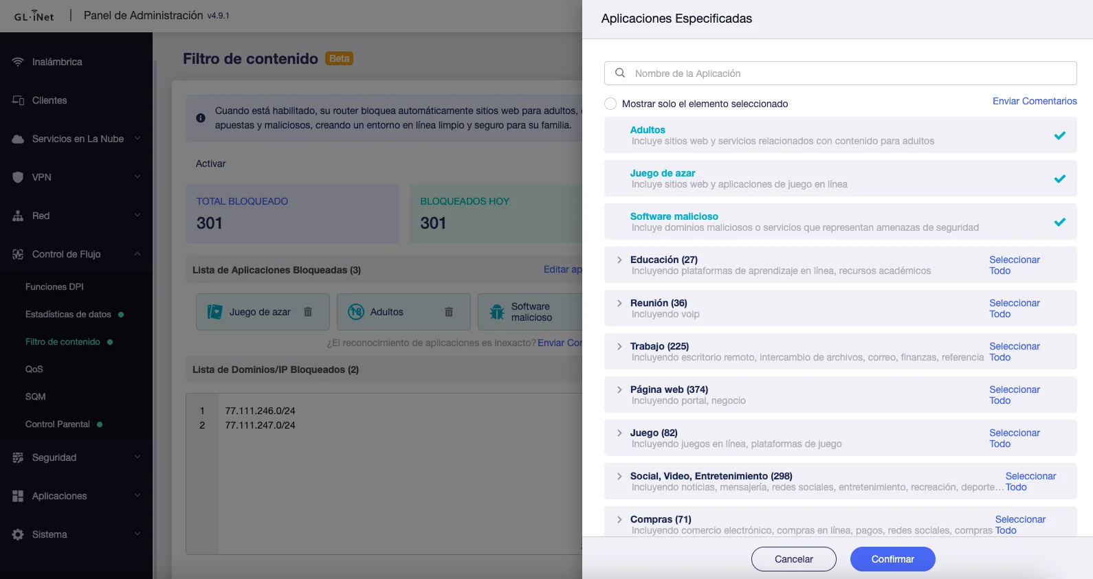 Categorías disponibles en el filtro de contenido de GL.iNet
