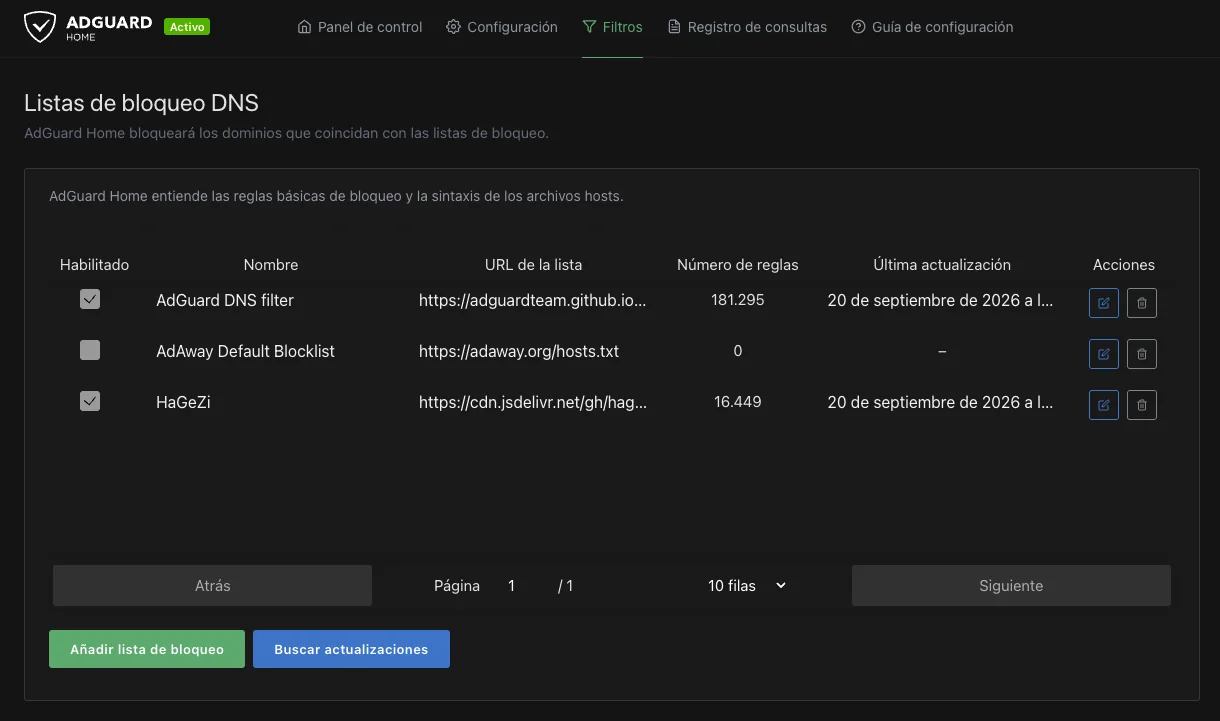 Listas de bloqueo DNS configuradas en AdGuard Home