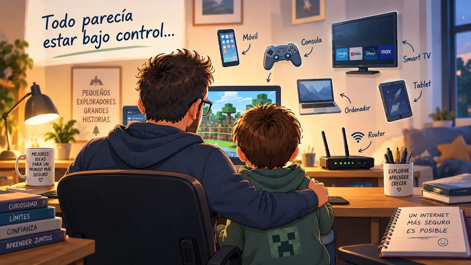 Padre e hijo utilizando juntos un ordenador en casa, rodeados de distintos dispositivos conectados