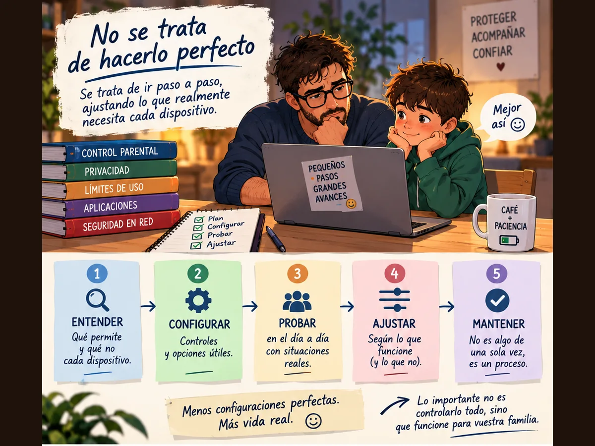 Padre e hijo revisando juntos los controles de un dispositivo, siguiendo un proceso sencillo de entender, configurar, probar, ajustar y mantener