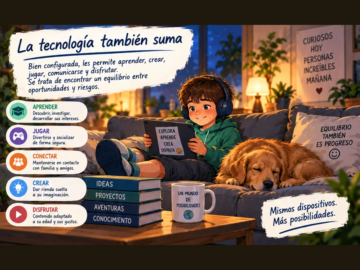 Niño utilizando una tablet para aprender, jugar, crear y comunicarse en un entorno digital acompañado y equilibrado